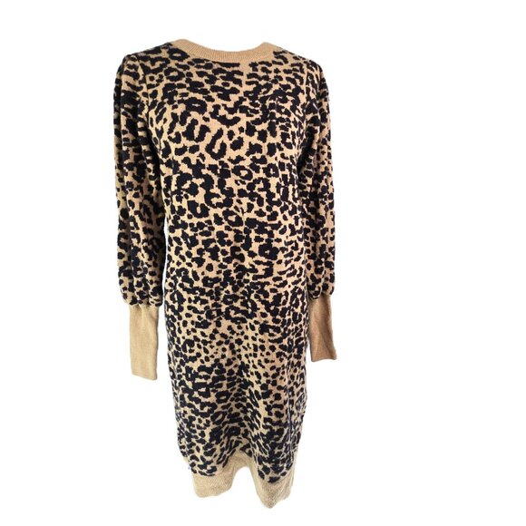 LOFT Black Brown Cheetah Print Crew Neck Wool Blend Fuzzy Sweater Dress - Picture 2 of 8